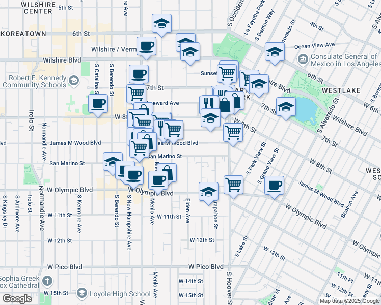 map of restaurants, bars, coffee shops, grocery stores, and more near 2701 James M Wood Boulevard in Los Angeles