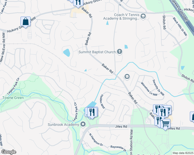 map of restaurants, bars, coffee shops, grocery stores, and more near 2377 Proctor Creek Enclave in Kennesaw