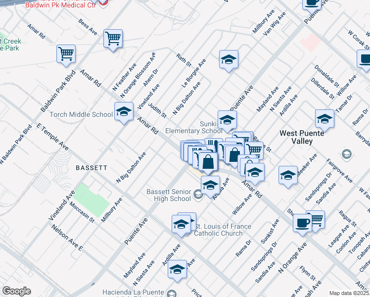 map of restaurants, bars, coffee shops, grocery stores, and more near 13720 Judith Street in La Puente