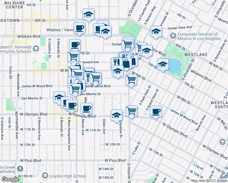 map of restaurants, bars, coffee shops, grocery stores, and more near 2701 James M Wood Boulevard in Los Angeles