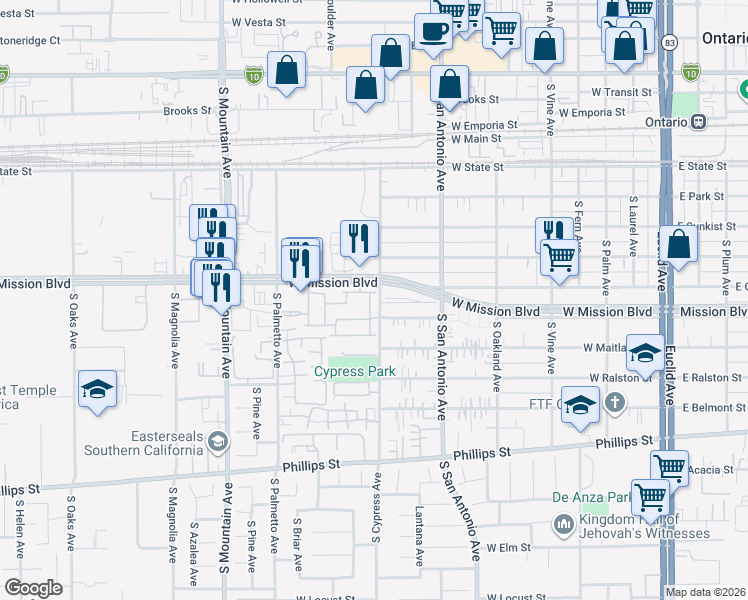 map of restaurants, bars, coffee shops, grocery stores, and more near 817 Granite Privado in Ontario