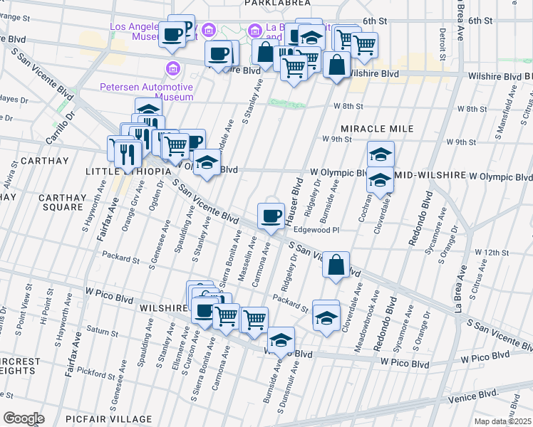 map of restaurants, bars, coffee shops, grocery stores, and more near 1110 South Masselin Avenue in Los Angeles