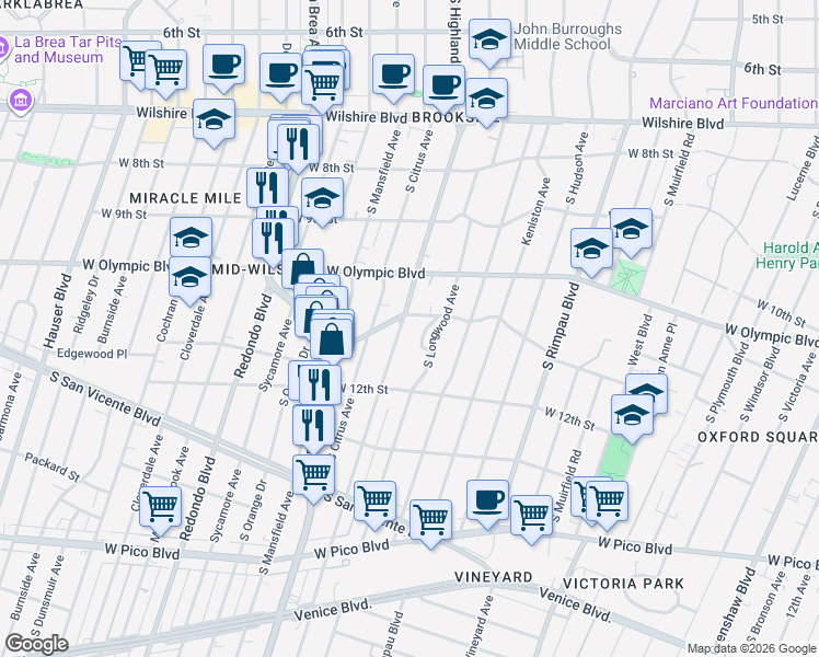 map of restaurants, bars, coffee shops, grocery stores, and more near 1112 South Highland Avenue in Los Angeles