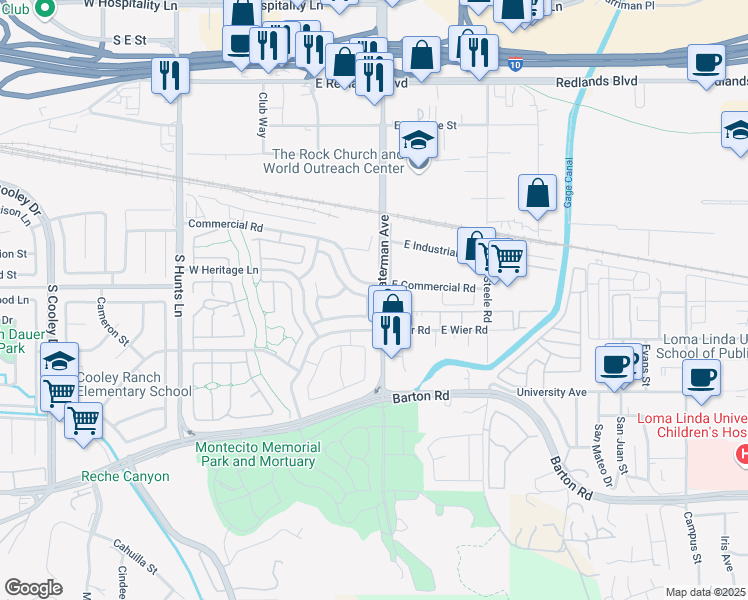 map of restaurants, bars, coffee shops, grocery stores, and more near 2523 South Melissa Way in San Bernardino