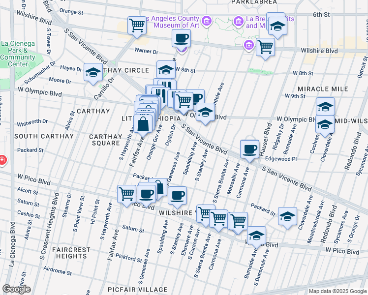 map of restaurants, bars, coffee shops, grocery stores, and more near 5906 San Vicente Boulevard in Los Angeles