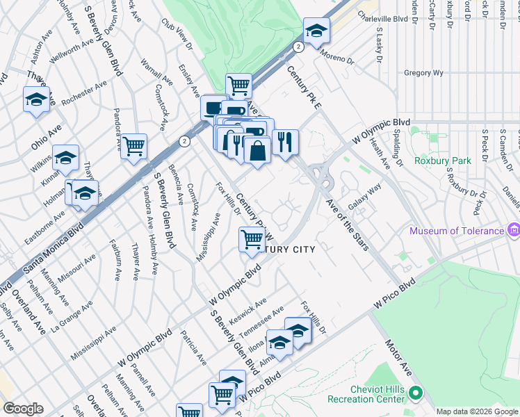 map of restaurants, bars, coffee shops, grocery stores, and more near 10210 Century Woods Drive in Los Angeles