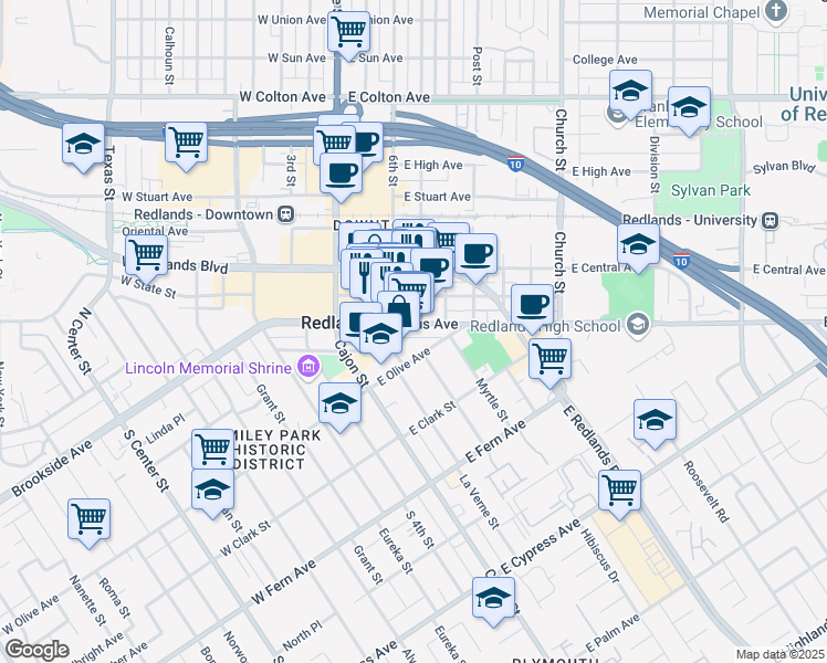 map of restaurants, bars, coffee shops, grocery stores, and more near 218 East State Street in Redlands