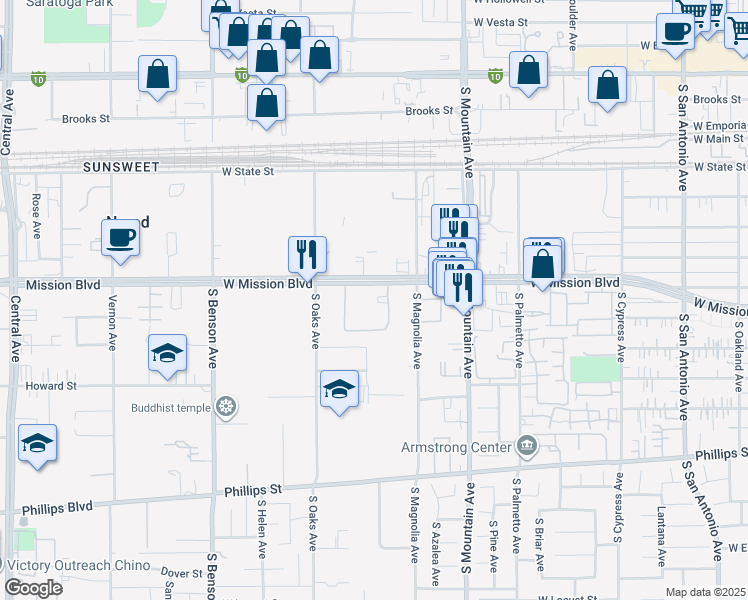 map of restaurants, bars, coffee shops, grocery stores, and more near 1309 West Mission Boulevard in Ontario