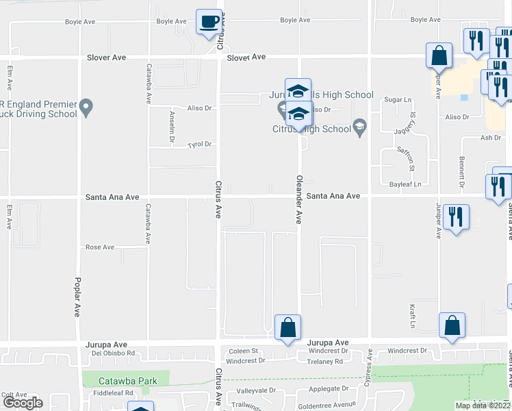 map of restaurants, bars, coffee shops, grocery stores, and more near 16171 Santa Ana Avenue in Fontana