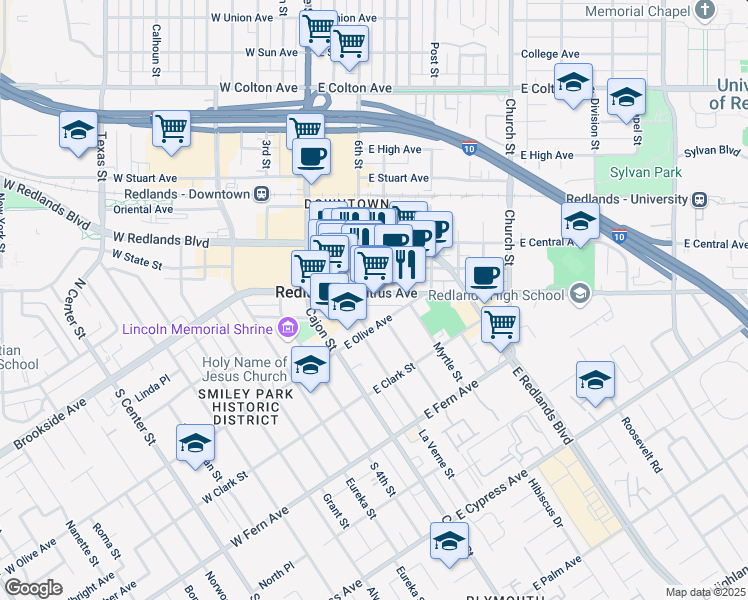 map of restaurants, bars, coffee shops, grocery stores, and more near 218 East State Street in Redlands