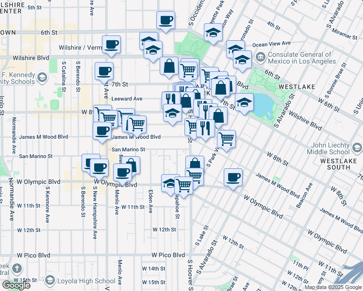 map of restaurants, bars, coffee shops, grocery stores, and more near 2625 San Marino Street in Los Angeles