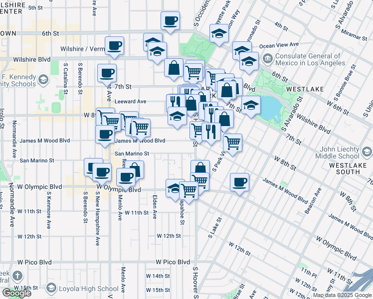 map of restaurants, bars, coffee shops, grocery stores, and more near 2625 San Marino Street in Los Angeles