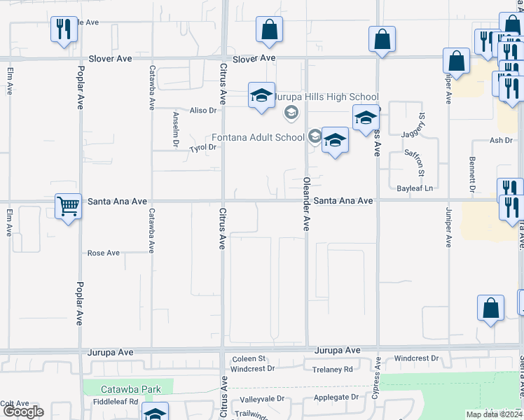 map of restaurants, bars, coffee shops, grocery stores, and more near 16171 Santa Ana Avenue in Fontana