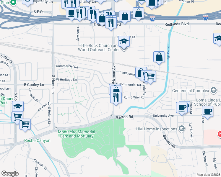 map of restaurants, bars, coffee shops, grocery stores, and more near 2523 South Melissa Way in San Bernardino