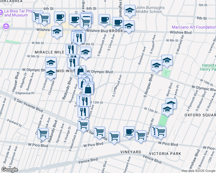 map of restaurants, bars, coffee shops, grocery stores, and more near 1112 South Highland Avenue in Los Angeles