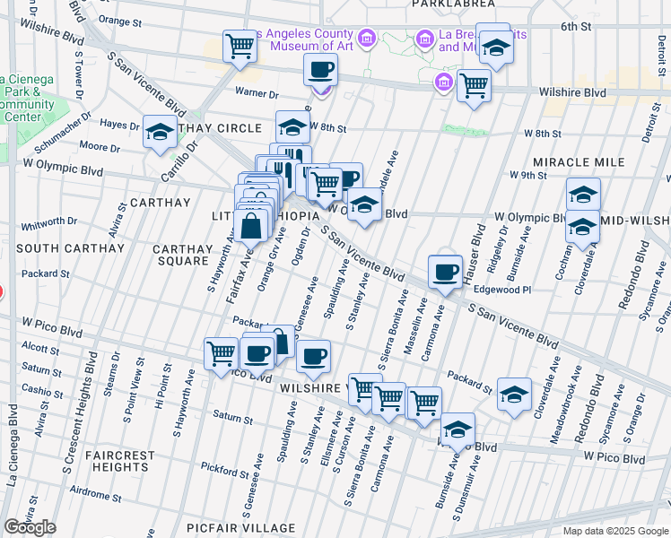map of restaurants, bars, coffee shops, grocery stores, and more near 5906 San Vicente Boulevard in Los Angeles