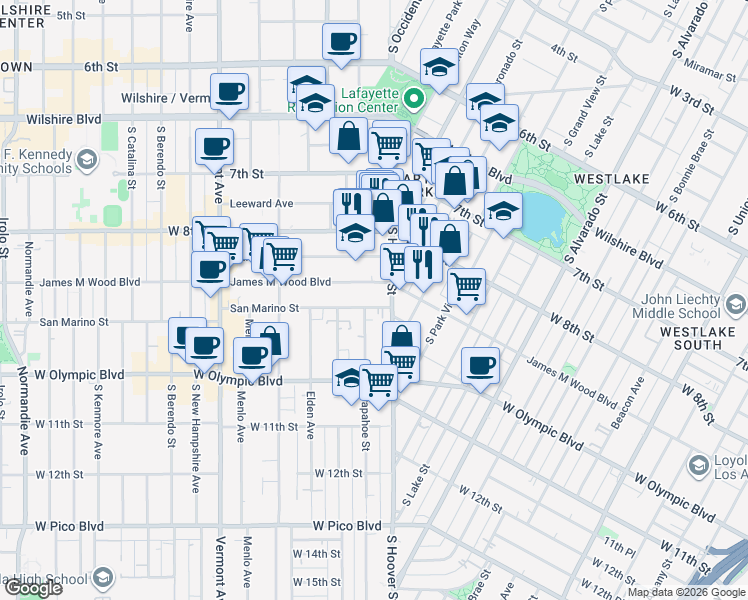 map of restaurants, bars, coffee shops, grocery stores, and more near 2642 James M Wood Boulevard in Los Angeles