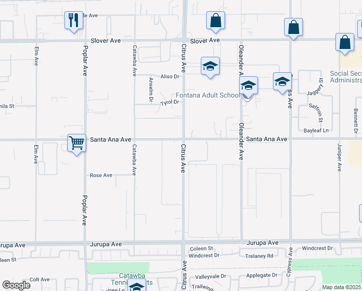 map of restaurants, bars, coffee shops, grocery stores, and more near 11188 Citrus Avenue in Fontana