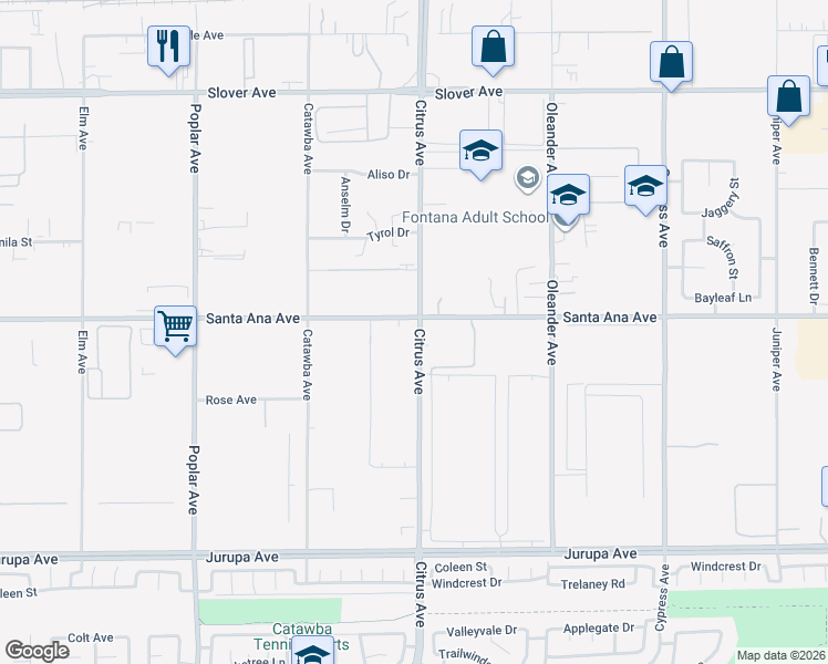 map of restaurants, bars, coffee shops, grocery stores, and more near 11188 Citrus Avenue in Fontana