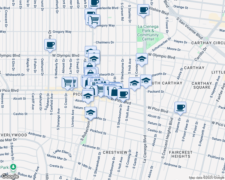 map of restaurants, bars, coffee shops, grocery stores, and more near 1215 South Bedford Street in Los Angeles