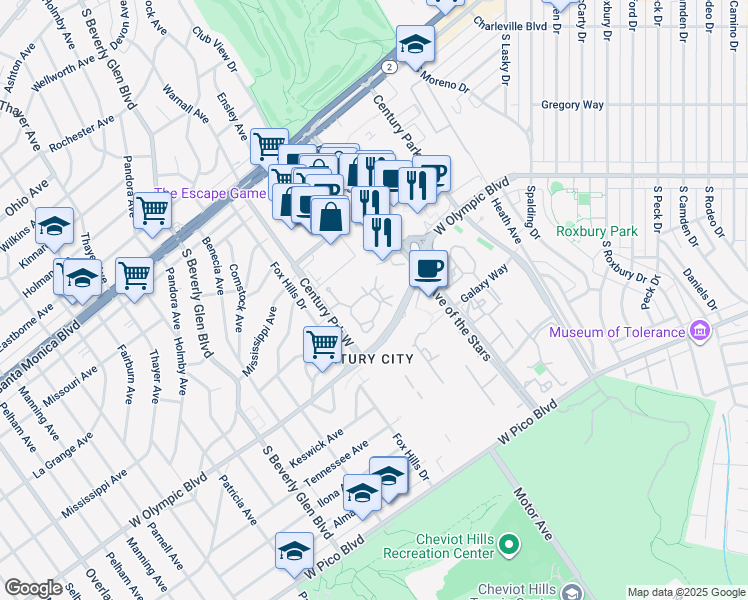 map of restaurants, bars, coffee shops, grocery stores, and more near 10275 Century Woods Drive in Los Angeles