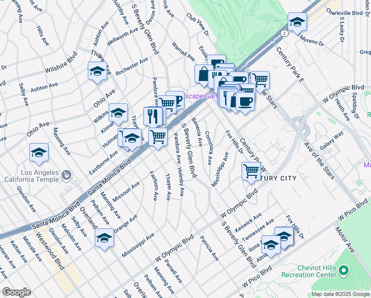 map of restaurants, bars, coffee shops, grocery stores, and more near 1875 South Beverly Glen Boulevard in Los Angeles