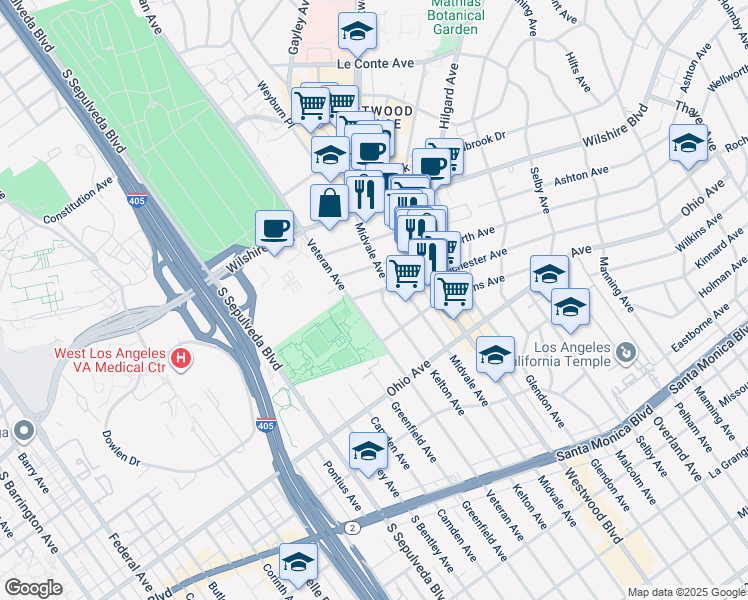 map of restaurants, bars, coffee shops, grocery stores, and more near 10966 Rochester Avenue in Los Angeles
