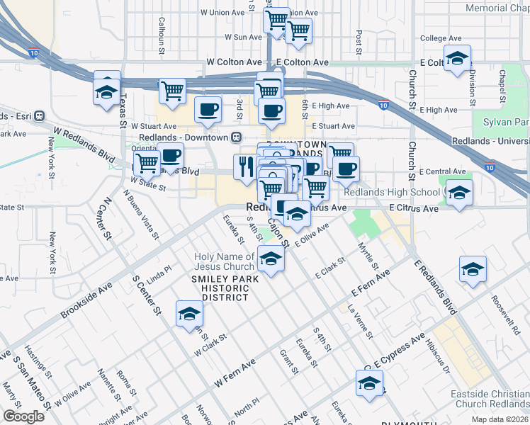 map of restaurants, bars, coffee shops, grocery stores, and more near 24 Cajon Street in Redlands