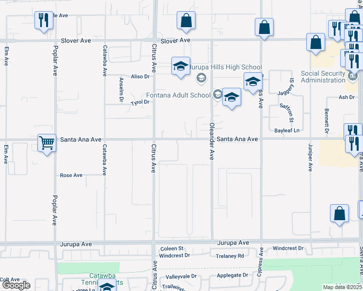 map of restaurants, bars, coffee shops, grocery stores, and more near 16153 Santa Ana Avenue in Fontana