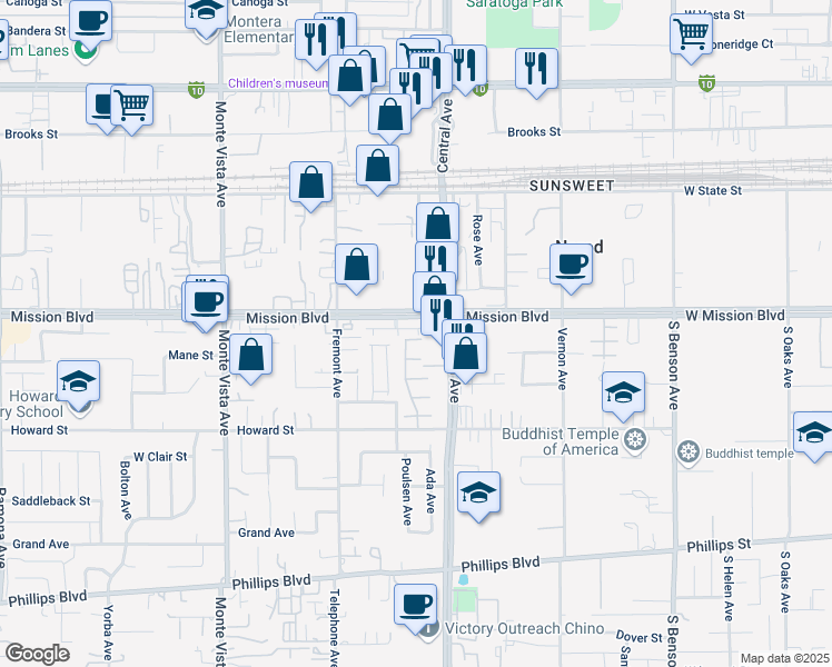 map of restaurants, bars, coffee shops, grocery stores, and more near 5188 Adera Street in Montclair
