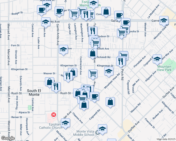 map of restaurants, bars, coffee shops, grocery stores, and more near 10945 Klingerman Street in South El Monte