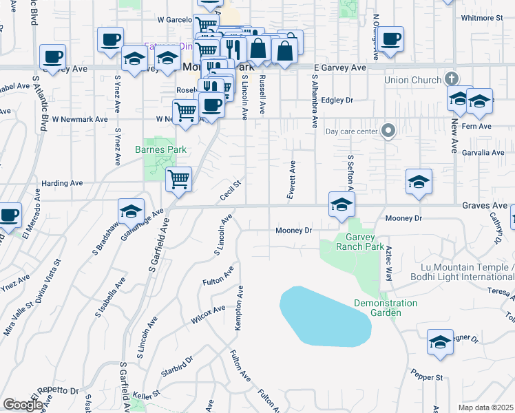 map of restaurants, bars, coffee shops, grocery stores, and more near 521 Russell Avenue in Monterey Park
