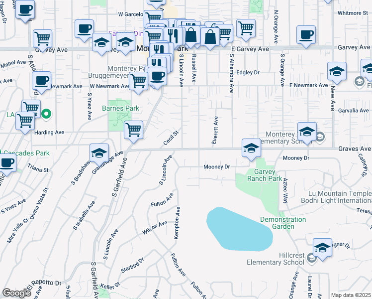 map of restaurants, bars, coffee shops, grocery stores, and more near 521 Russell Avenue in Monterey Park