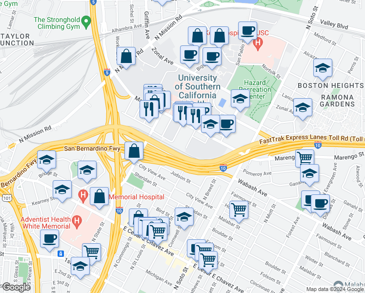map of restaurants, bars, coffee shops, grocery stores, and more near 1036 Brittania Street in Los Angeles