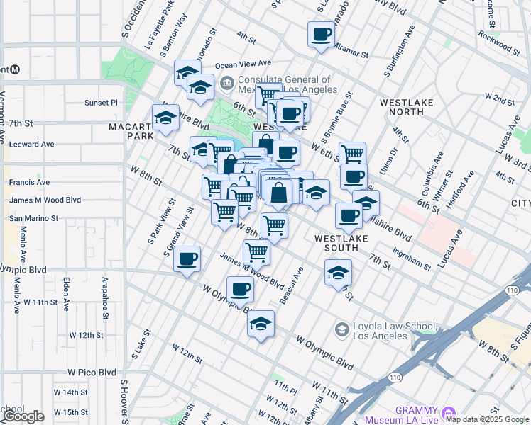 map of restaurants, bars, coffee shops, grocery stores, and more near 1919 West 7th Street in Los Angeles