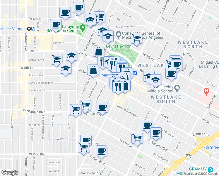 map of restaurants, bars, coffee shops, grocery stores, and more near 739 1/2 South Lake Street in Los Angeles