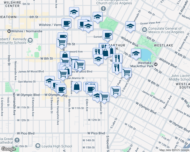 map of restaurants, bars, coffee shops, grocery stores, and more near 2701 James M Wood Boulevard in Los Angeles