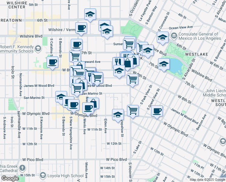map of restaurants, bars, coffee shops, grocery stores, and more near 2701 James M Wood Boulevard in Los Angeles