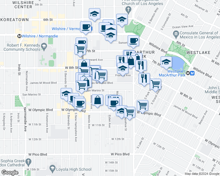 map of restaurants, bars, coffee shops, grocery stores, and more near 2701 James M Wood Boulevard in Los Angeles