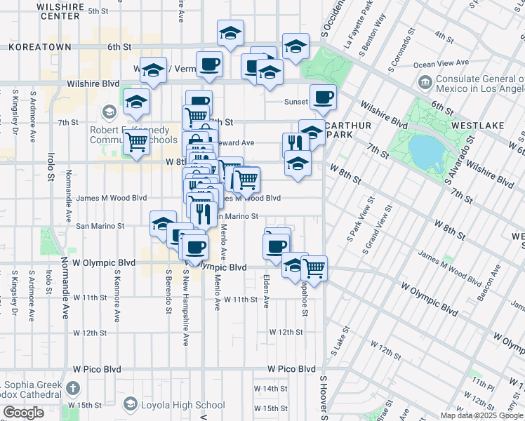 map of restaurants, bars, coffee shops, grocery stores, and more near 2761 West 9th Street in Los Angeles