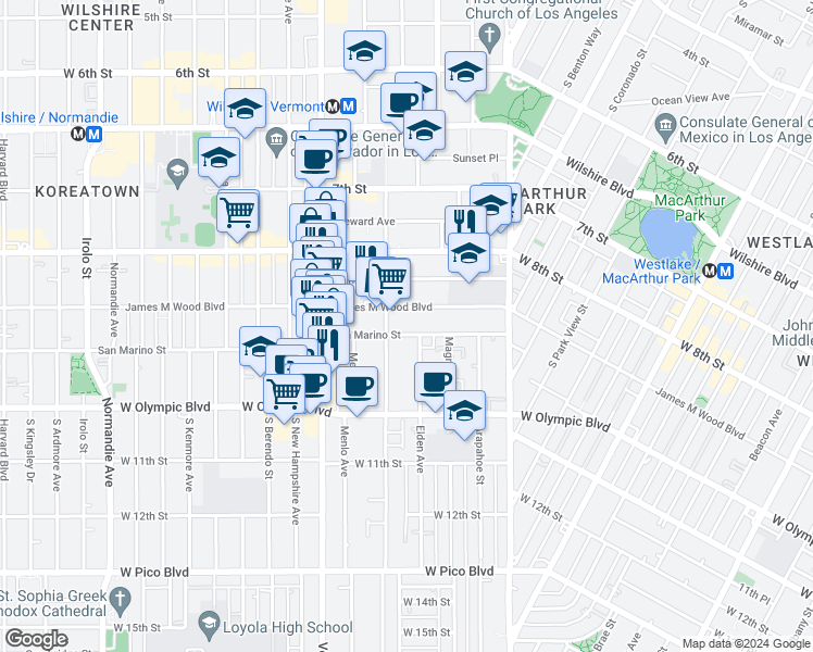 map of restaurants, bars, coffee shops, grocery stores, and more near 2761 West 9th Street in Los Angeles
