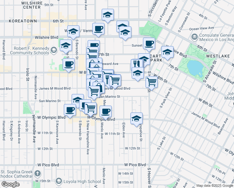 map of restaurants, bars, coffee shops, grocery stores, and more near 2761 West 9th Street in Los Angeles