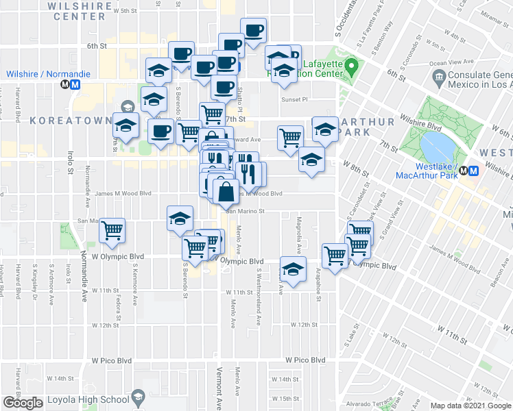 map of restaurants, bars, coffee shops, grocery stores, and more near 2821 James M Wood Boulevard in Los Angeles