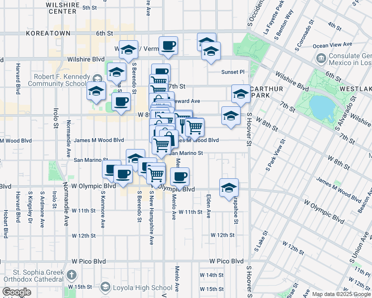 map of restaurants, bars, coffee shops, grocery stores, and more near 2821 James M Wood Boulevard in Los Angeles