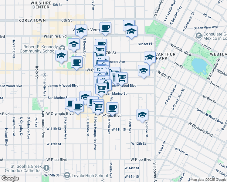 map of restaurants, bars, coffee shops, grocery stores, and more near 2821 James M Wood Boulevard in Los Angeles