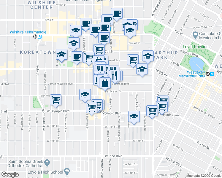 map of restaurants, bars, coffee shops, grocery stores, and more near 2821 James M Wood Boulevard in Los Angeles