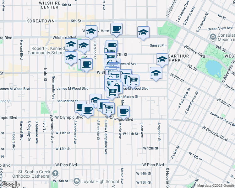 map of restaurants, bars, coffee shops, grocery stores, and more near 888 South Vermont Avenue in Los Angeles