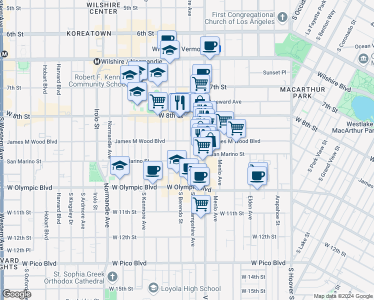 map of restaurants, bars, coffee shops, grocery stores, and more near in Los Angeles