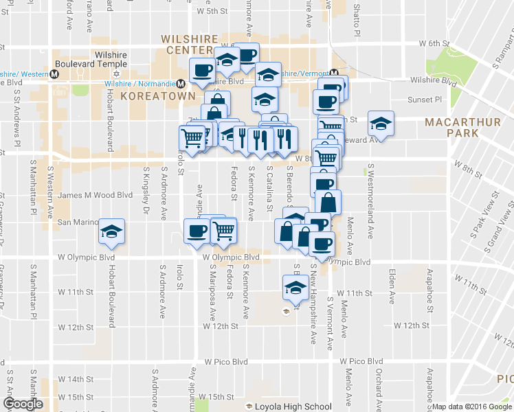 map of restaurants, bars, coffee shops, grocery stores, and more near 3047 James M Wood Boulevard in Los Angeles