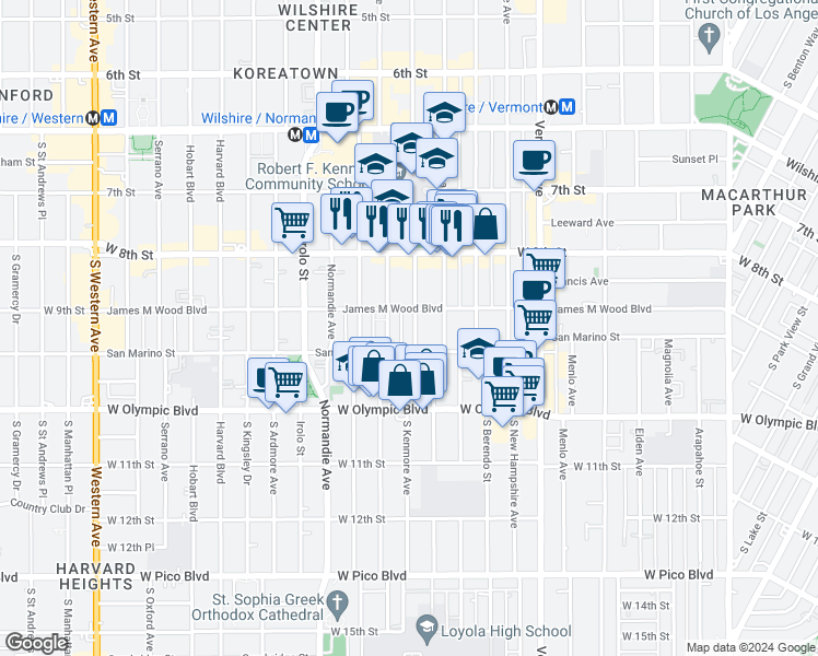 map of restaurants, bars, coffee shops, grocery stores, and more near 3089 West 9th Street in Los Angeles